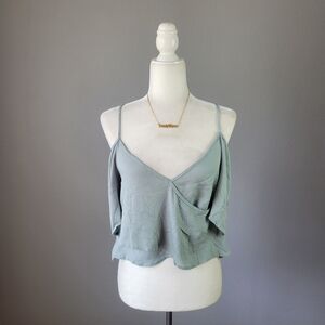 GLOBAL VILLAGE // sage green flowy rayon cold shoulder sligh crop faux wrap top